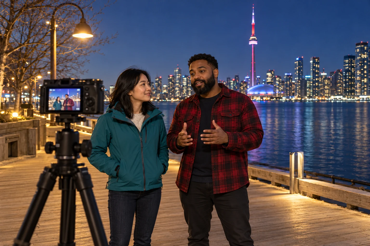 Two fictional livestream hosts recording at dusk