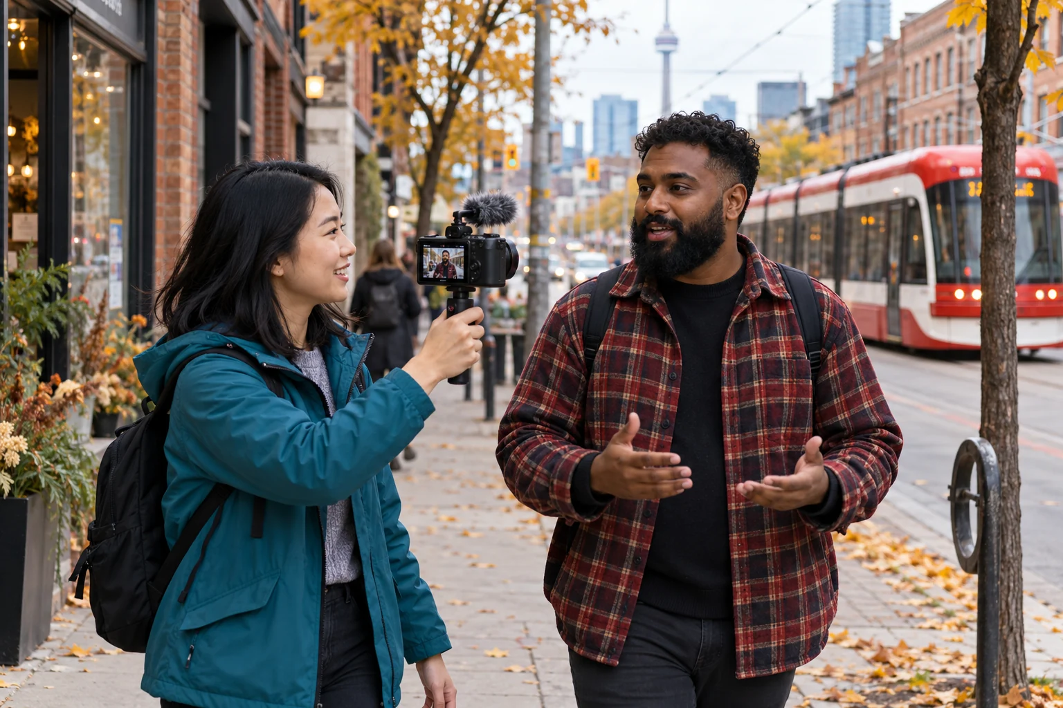 Two fictional hosts recording on a windy street