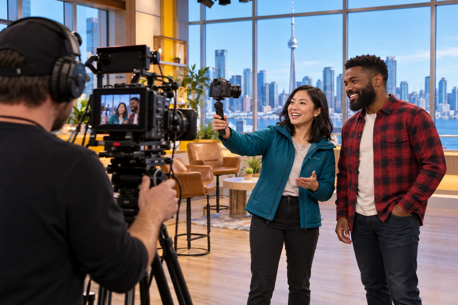 Two fictional hosts in a Toronto-inspired television studio