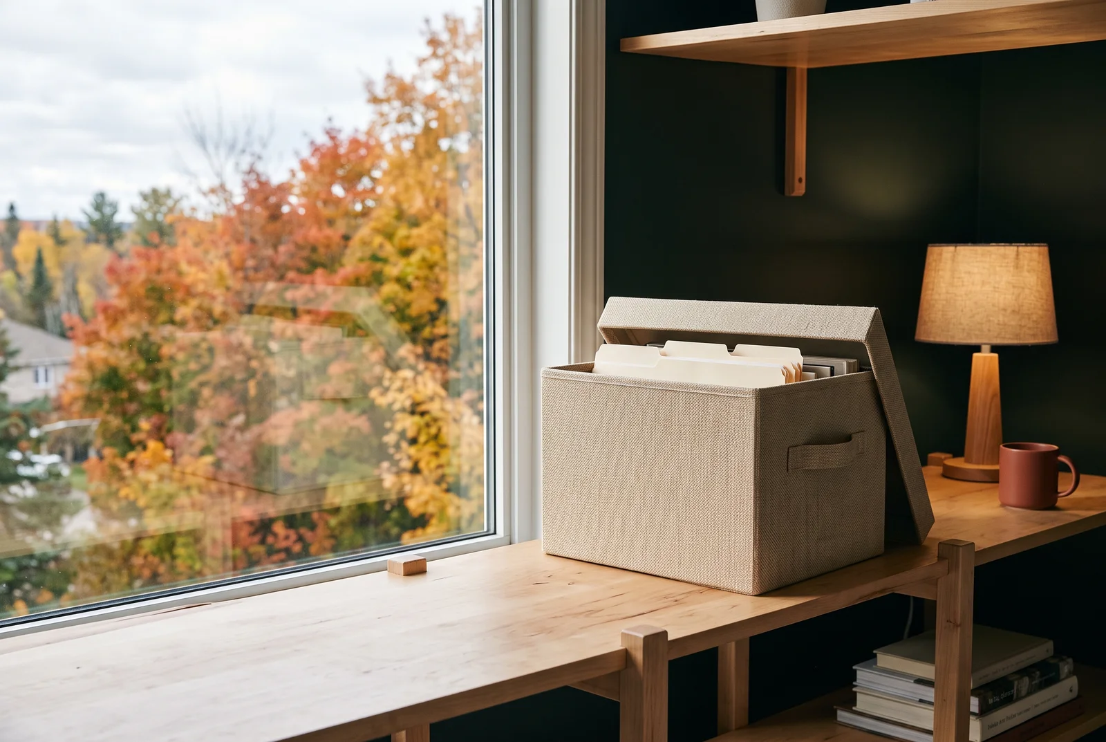 Neatly sorted household papers and a plain storage box on a shelf