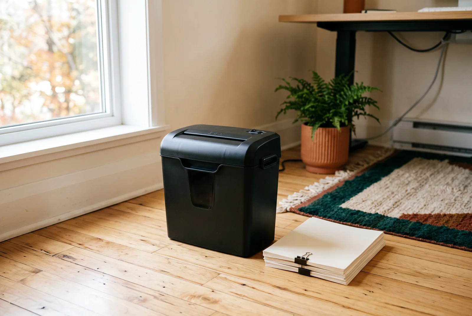 Stack of sorted papers beside an unbranded small shredder in a home workspace