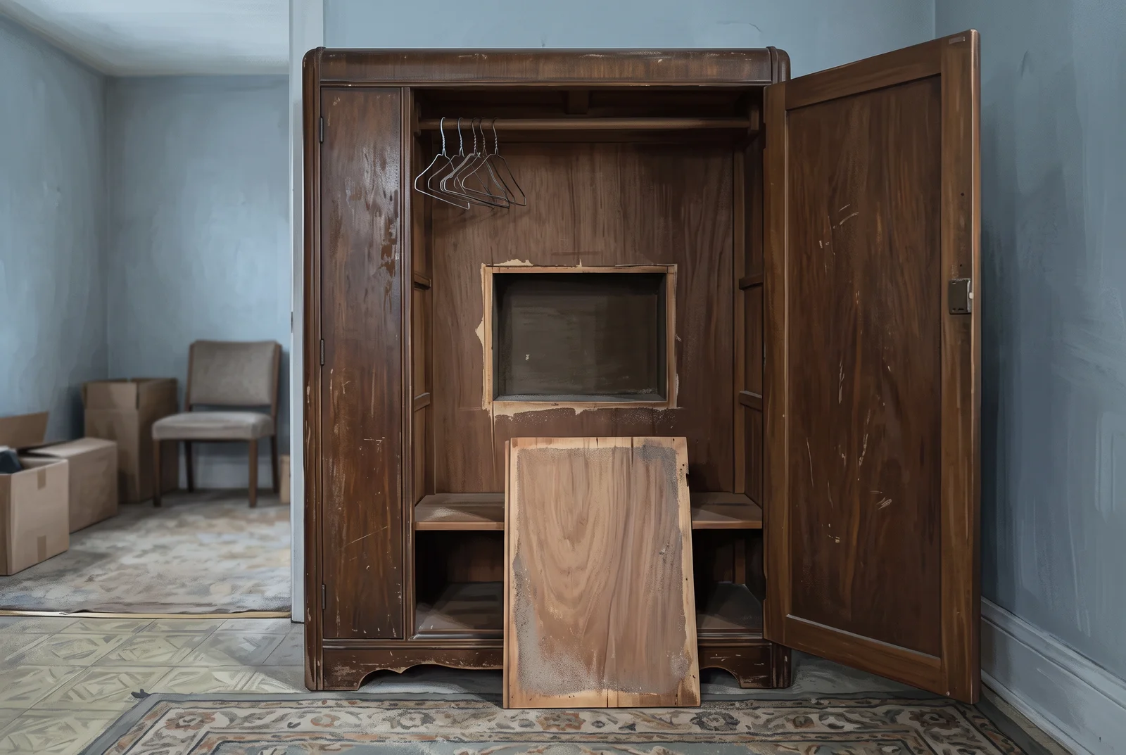 Editorial reconstruction of an old empty wardrobe with a partly removed inner panel; no person or real money shown